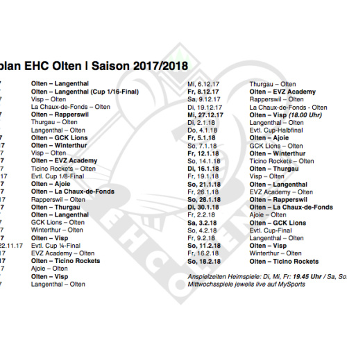 Spielplan EHC Olten Saison 2017