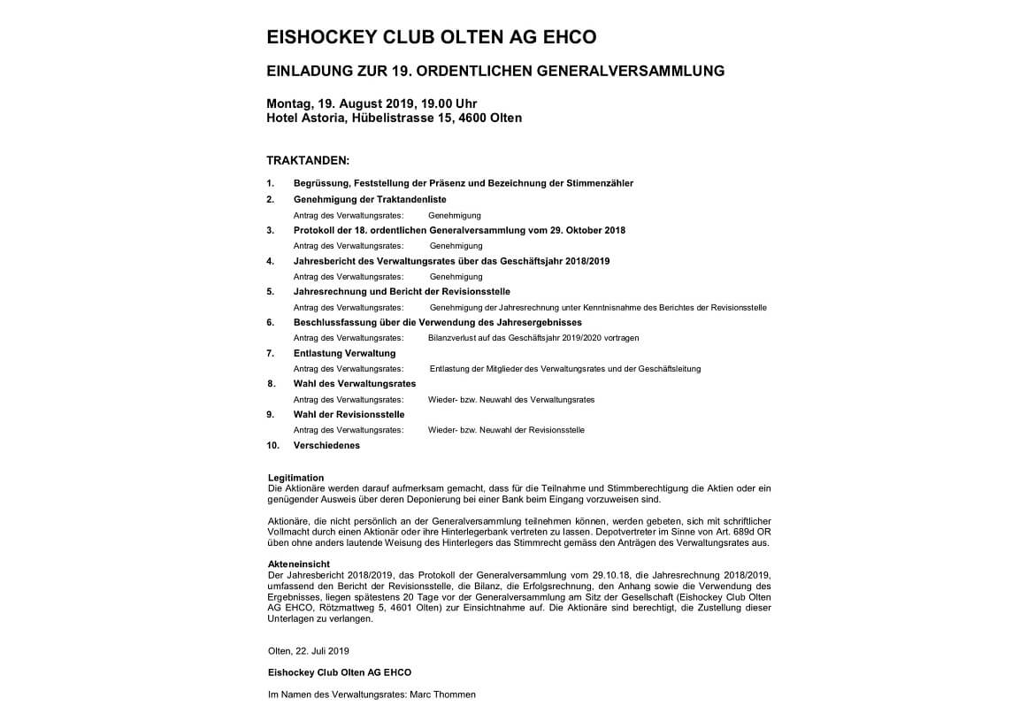 Einladung 19 GV EHCO AG 19 08 19 FINAL Einladung 19 GV EHCO AG 19 08 19 FINAL